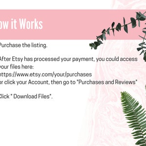 May include: Pink background with green leaves and text that reads "How it Works".  The text below explains how to access digital files after purchasing a listing on Etsy.com.