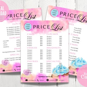 Bäckerei Preisliste Vorlage, Bäckerei Menü, bearbeitbare Kuchen Preisliste, Canva Vorlage, Cupcakes Business Preisliste