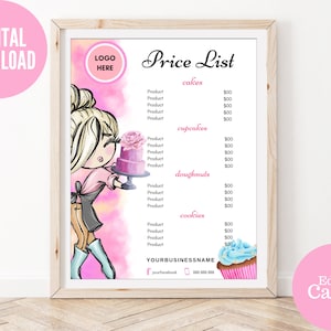 Bäckerei Preisliste Vorlage, Bäckerei Menü, bearbeitbare Kuchen Preisliste, Cupcakes Business Preisführer
