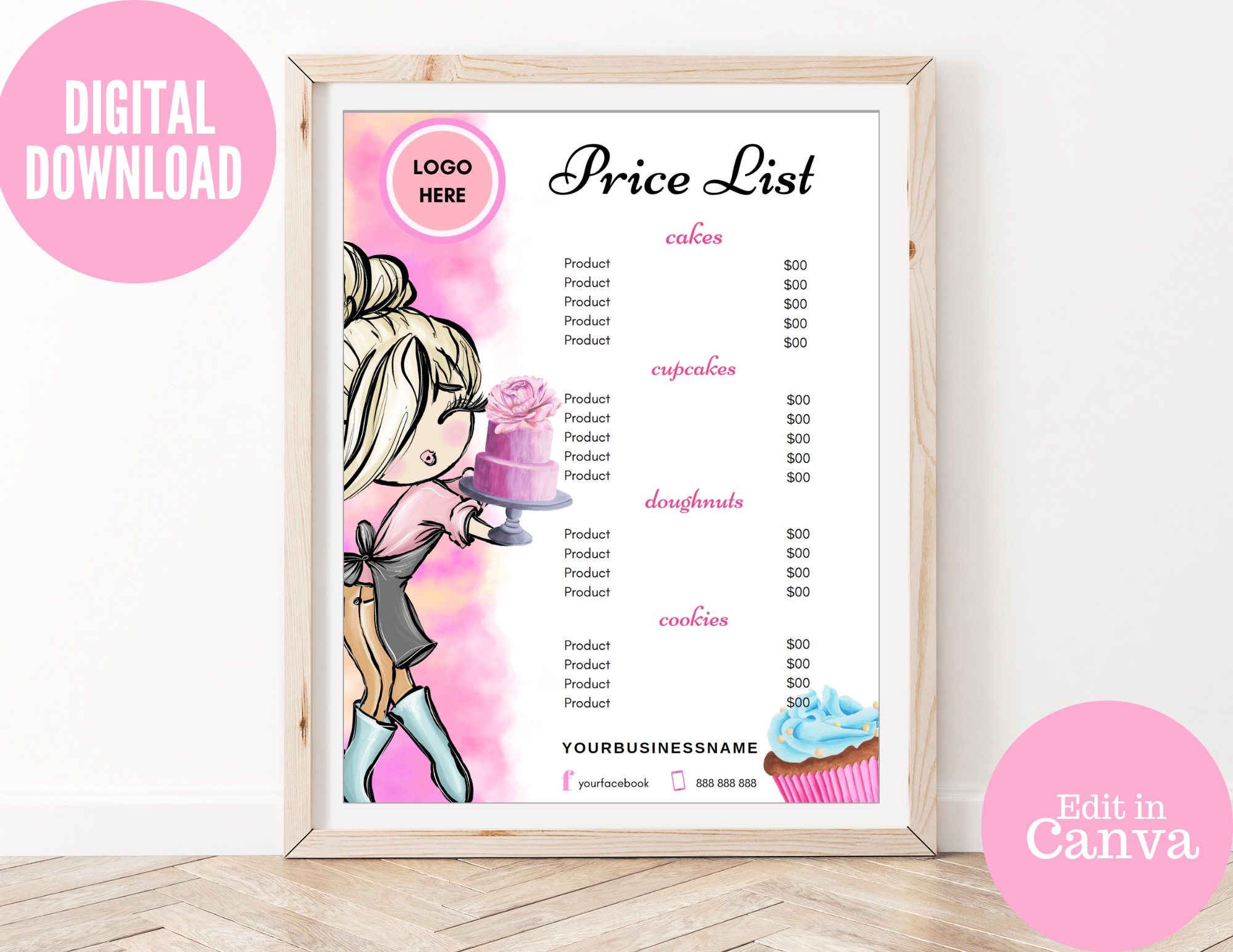 Bakery Price List Template, Bakery Menu, Editable Cake Price List