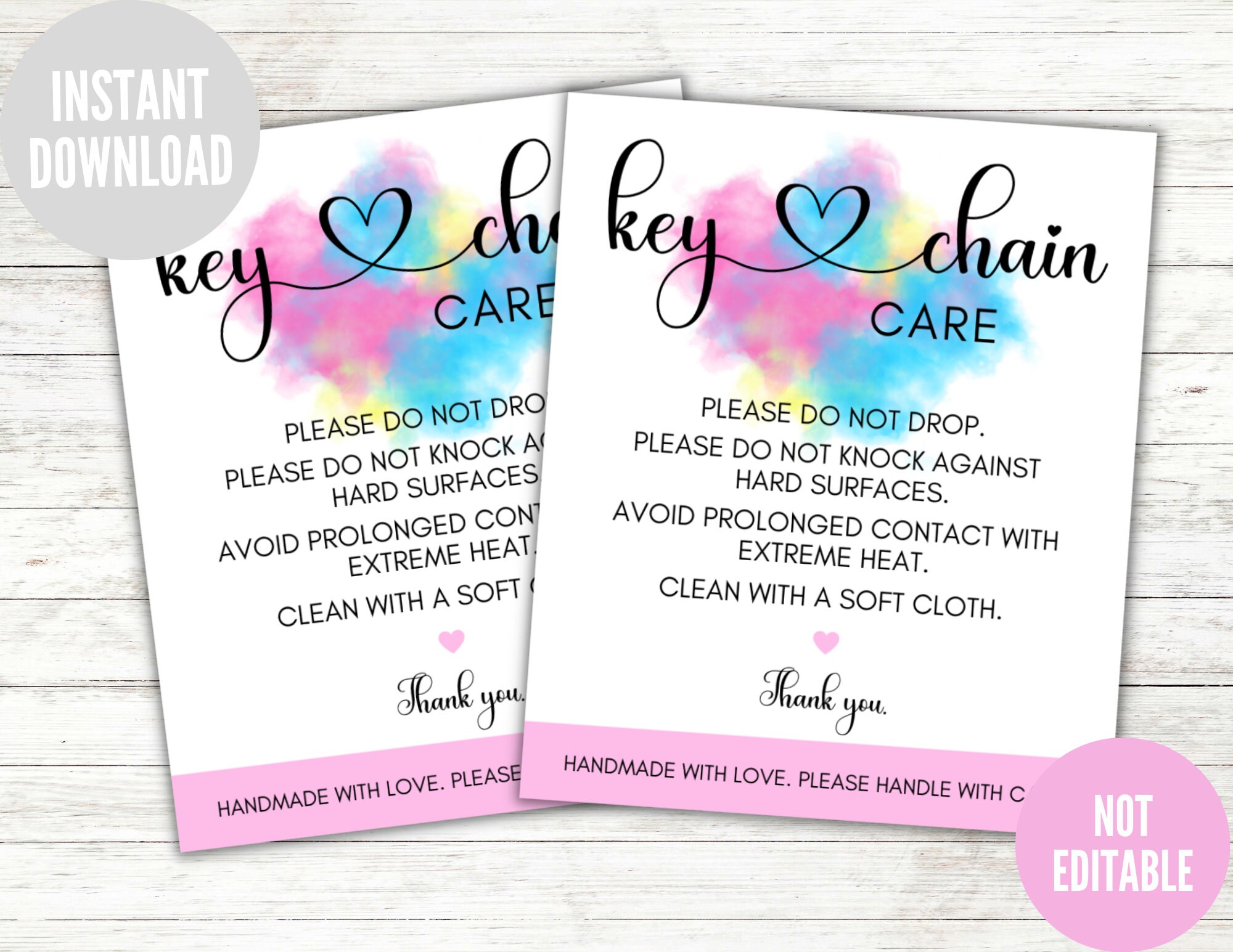 Keychain Care Card, Keychain Care Instructions Card, Printable Instant