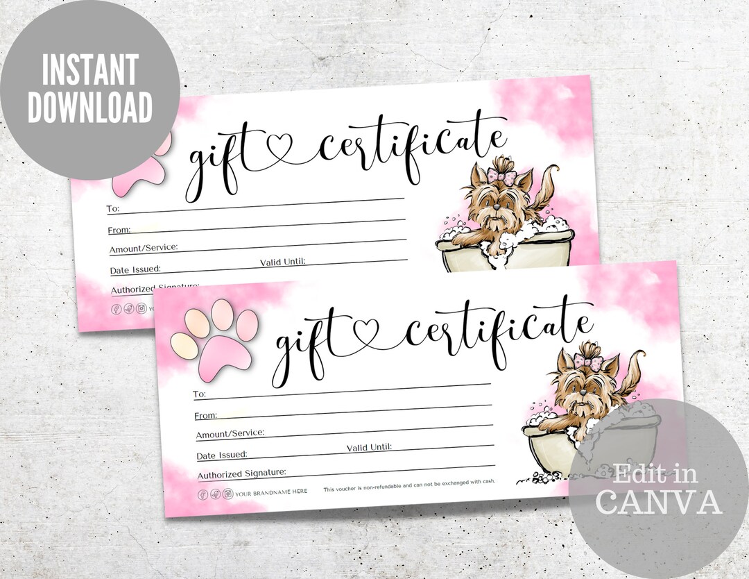 Dog Grooming Gift Certificate Pet Gift Voucher Pet Gift Coupon Dog Grooming Gift Certificate Pet Gift Voucher Pet Gift Coupon