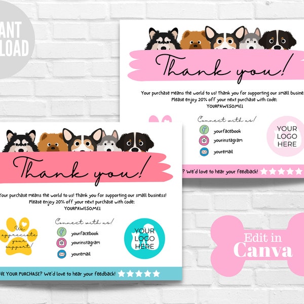 Pet Thank You Card Template, Dog Thank You Card, Pet Business Card, Cat Thank you Card, Printable, Instant Download