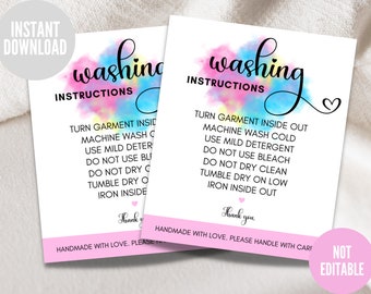May include: Two printable cards with watercolor-style backgrounds in pink, blue, and yellow. The cards have the text "washing instructions" and list instructions for washing a garment. The instructions include turning the garment inside out, washing in cold water, using mild detergent, not using bleach, not dry cleaning, tumble drying on low, and ironing inside out. The cards also include the text "Handmade with love. Please handle with care."