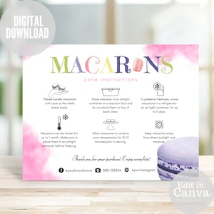 Macaron Care Card, Care Instructions Template, Printable Macaron Guide, Editable Bakery Thank You Package Insert Note, Thank You Card