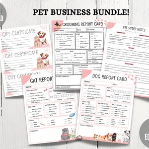 Tarjeta de calificaciones para perros, Tarjeta de calificaciones para mascotas, Notas para cuidadores de mascotas, Paquete de negocios para mascotas, Tarjeta de calificaciones para gatos, Paquete para cuidadores de mascotas, Tarjeta de calificaciones de aseo