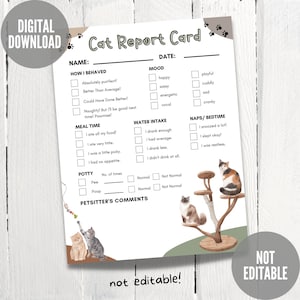 Boleta de calificaciones para gatos, boleta de calificaciones para mascotas, formulario de cuidador de mascotas listo para imprimir, formulario de informe de cuidado de gatos, descarga instantánea