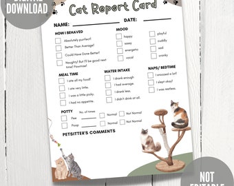 May include: A printable cat report card with a green and brown background. The card has sections for how the cat behaved, mood, meal time, water intake, naps/bedtime, potty, and petsitter's comments. The card also features illustrations of cats.