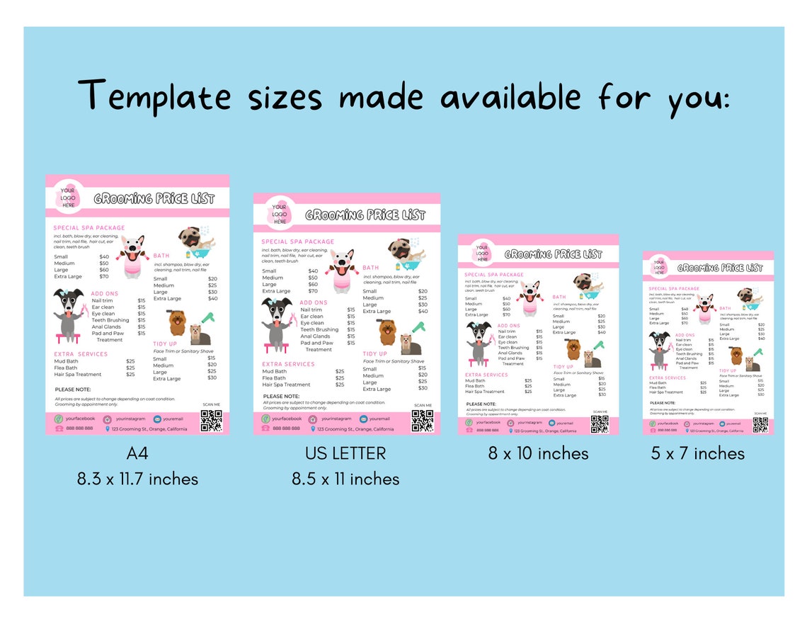 Pet Salon Grooming Price List Dog Grooming Template Editable - Etsy