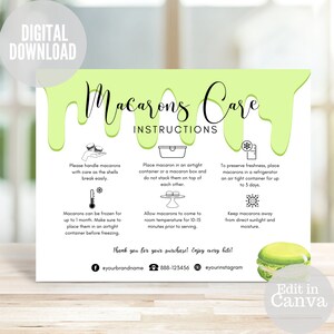 Cartão de cuidados com macarons, modelo de instruções de cuidados, guia de macarons para impressão, agradecimento editável de confeitaria, bula, cartão de agradecimento