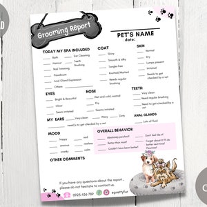 Modello di pagella per toelettatura del cane, modello di salone per animali domestici, rapporto del toelettatore per cani, modulo spa per cani, pagella per animali domestici, pagella per cani