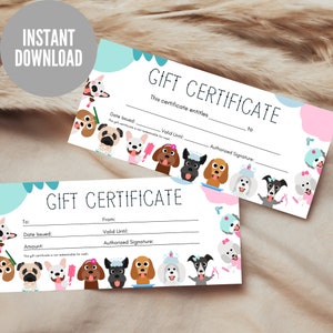 Certificado de regalo para peluquería canina, vale de regalo para mascotas, cupón de regalo para mascotas, descarga instantánea, tarjetas de visita para mascotas imprimibles, listas para imprimir