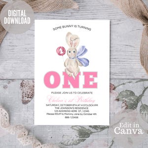 Bunny Birthday Invitation, Some Bunny Invitation, Rabbit Birthday Invite, First Birthday Invite, 1st Birthday Invite, Editable Invitation