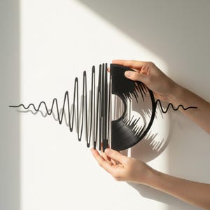 May include: A black vinyl record wall art piece, cut to resemble a sound wave. The art is held by hands against a white background, with a shadow cast by the sun. The record is split in half, with the sound wave extending from it.