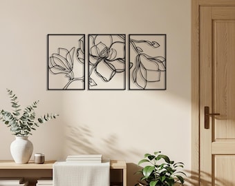 Magnolien-Blumen-Metallwand-Kunst, 3er-Set, Botanische Linie Kunst, modernes Wohndekor