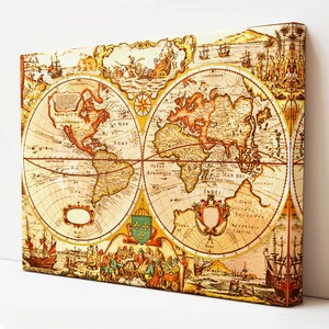 Vintage retro wereldkaart schilderij, interieur canvas, grote muur hangen, klassieke canvaskunst, canvas kunst aan de muur, ingelijste canvas muurkunst