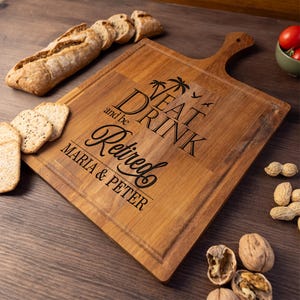 Happy Retirement Cutting Board - Personalized Gift with Couple Names - Custom Engraved Wood Board - Retirement Gift Idea for Men or Women