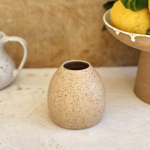 May include: A small, rounded ceramic vase with a speckled beige finish. The vessel features a smooth, bulbous body that tapers toward a circular opening at the top. The surface texture is matte with dark brown flecks distributed across the light tan clay.