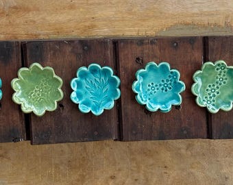 Handmade Ceramic Soap Dish: Small Blue & Green Scalloped Stoneware Bowl