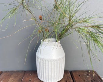 Large White Carved Vase or Utensil Holder,  Unique Handmade Ceramic Kitchen Tool Organiser