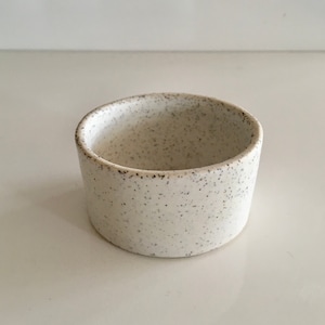 May include: A small white ceramic bowl with a speckled finish. The bowl is round and has a smooth, slightly rounded rim.