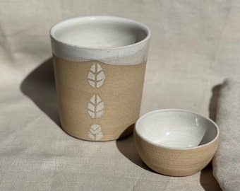 Handmade Coffee or Chai Cup in White with Leaf Motif