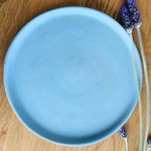 May include: A light blue ceramic plate with a smooth, slightly textured surface. The plate is round and has a slightly raised rim.