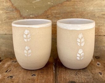 Handmade Coffee or Chai Cup in White with Leaf Motif