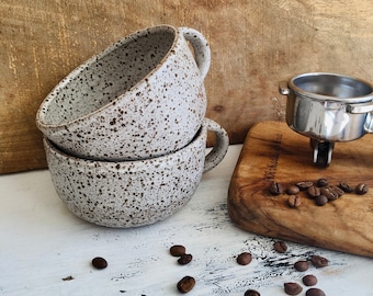 Handmade Speckled Coffee Cup: Wide Rim Ceramic Latte Mug, Christmas Gift for Tea Lover