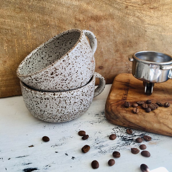 Large Speckled Coffee Cup, Wide Rimmed Latte Mug, Handmade White and Chocolate Brown Cafe Style Tea Cup