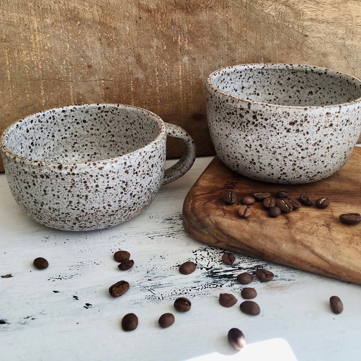 Large Speckled Coffee Cup, Wide Rimmed Latte Mug, Handmade White and Chocolate Brown Cafe Style Tea Cup, - Etsy