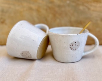 Handmade Speckled Mug: White Polka Dot Pottery Tea Cup