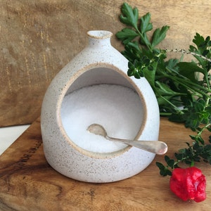 May include: A speckled white ceramic salt pig with a small silver spoon inside. The salt pig is filled with white salt and sits on a wooden cutting board. Fresh herbs and a red pepper are in the background.