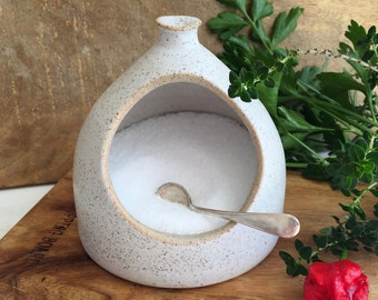 White Speckled Salt Pig, Handmade Ceramic Salt Cellar