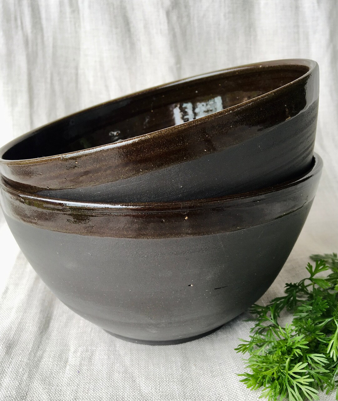 Pair of Matte Black Ceramic Ramen Bowls With Glossy Interior, Set of