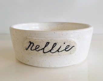 Personalized Ceramic Pet Bowl: Handmade Speckled White Dog/Cat Bowl