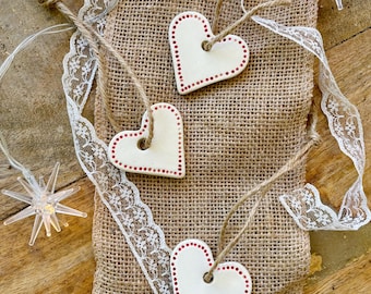 Handmade Ceramic Heart Gift Tags: Red & White Wedding Favors