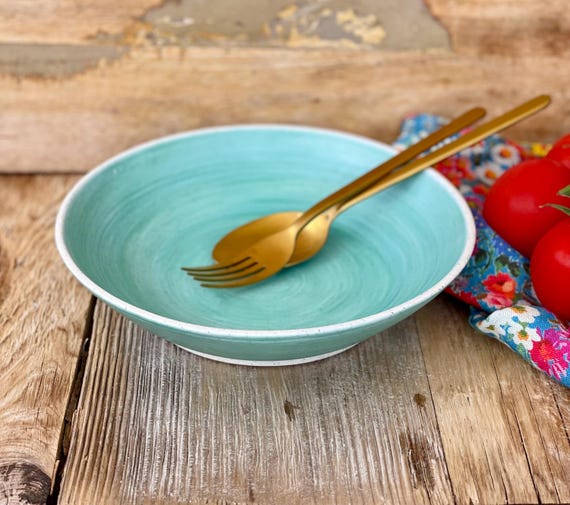 Retro Blue Green Pasta Bowl, Handmade Pottery Bowl in Fresh Spring
