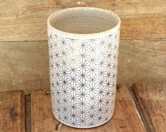 Straight Sided Vase or Pencil Holder with Geometric Pattern, Handmade Blue and White