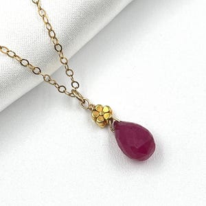 Ruby Necklace • July Birthstone • Gold Filled Pendant with Flower Accent • Gift for Her