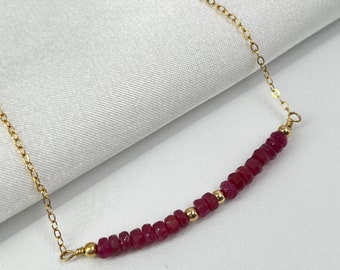 Handmade Ruby Gemstone Bar Necklace - July Birthstone, Healing Power, Deep Red Color"