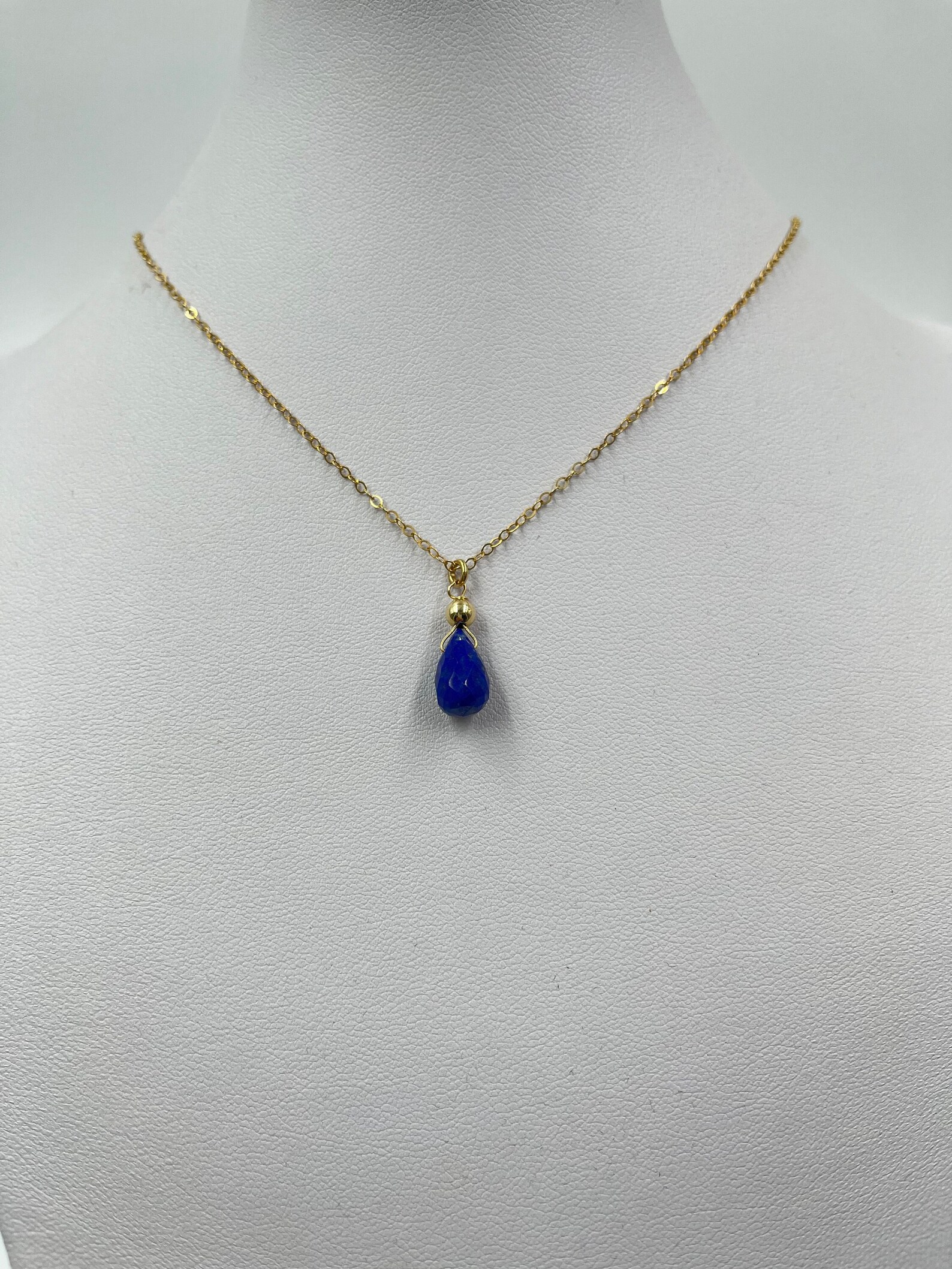 Natural Blue Lapis Lazuli Drop Pendant Necklace - 8mm Round Beads, 18" Handmade AAA Quality