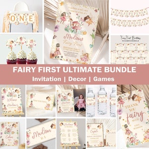 Set di inviti per il primo compleanno di fate, decorazioni per le fate, 1a decorazione per la festa delle fate, giochi, kit di attività per invito nella foresta incantata, MODIFICABILE F01