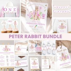 Pacchetto di inviti di compleanno di Peter Rabbit Coniglietto flopsy Decorazioni per il primo compleanno Coniglietto rustico Decorazioni per la prima festa di compleanno Ragazza rosa MODIFICABILE P05