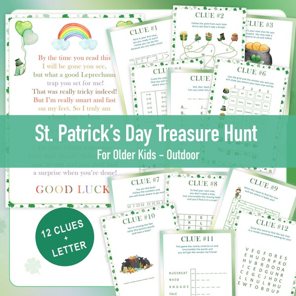 Chasse au trésor de la Saint-Patrick pour les enfants plus âgés Chasse au trésor aux lutins en plein air pour adolescents Jeux d'évasion de la Saint-Patrick Puzzles St Paddy à imprimer