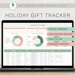May include: A laptop displays a "Holiday Gift Tracker" spreadsheet. The screen shows a Christmas gift tracker with sections for gift status, spending breakdown, and expense tracking. The spreadsheet is designed for easy use and can be used for any holiday.