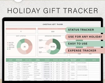 May include: A laptop displays a "Holiday Gift Tracker" spreadsheet. The screen shows a Christmas gift tracker with sections for gift status, spending breakdown, and expense tracking. The spreadsheet is designed for easy use and can be used for any holiday.