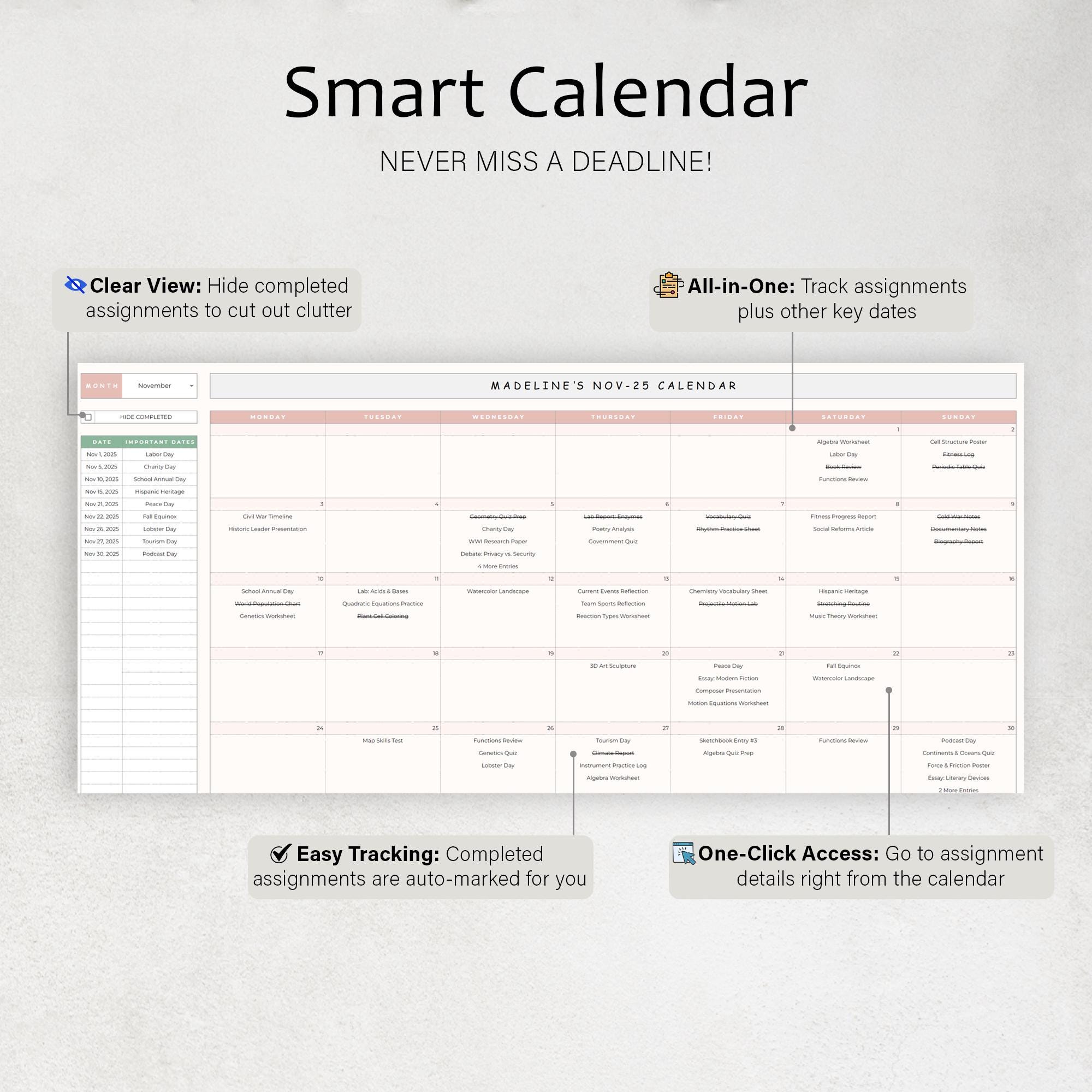 Assignment Tracker Spreadsheet Student Planner Template Academic Study ...