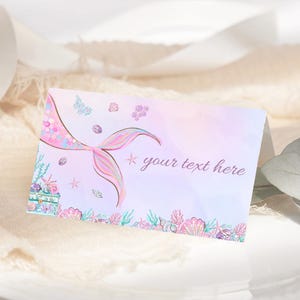Étiquette de nourriture sirène sous la mer marque-place cartes de tente pli fille anniversaire fête nourriture cartes étiquette de buffet rose violet MODIFIABLE M02