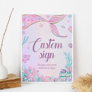 Editable Mermaid Custom Sign Template Under the Sea Custom Text Sign Pink Purple Girls Birthday Party Custom Text Sign Printable Instant M02